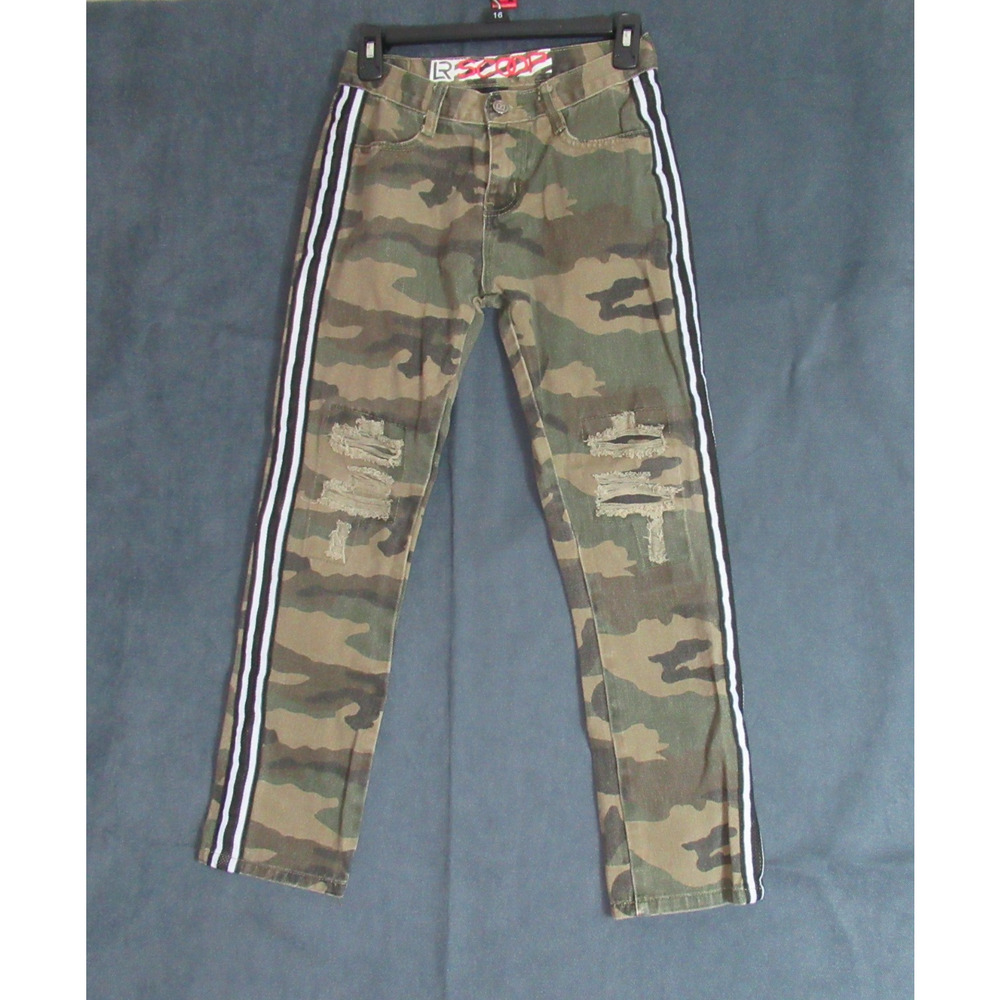LR Scoop Jeans Boys Size 14 Green Camo Moto Racer Stripe Distressed Skinny Denim